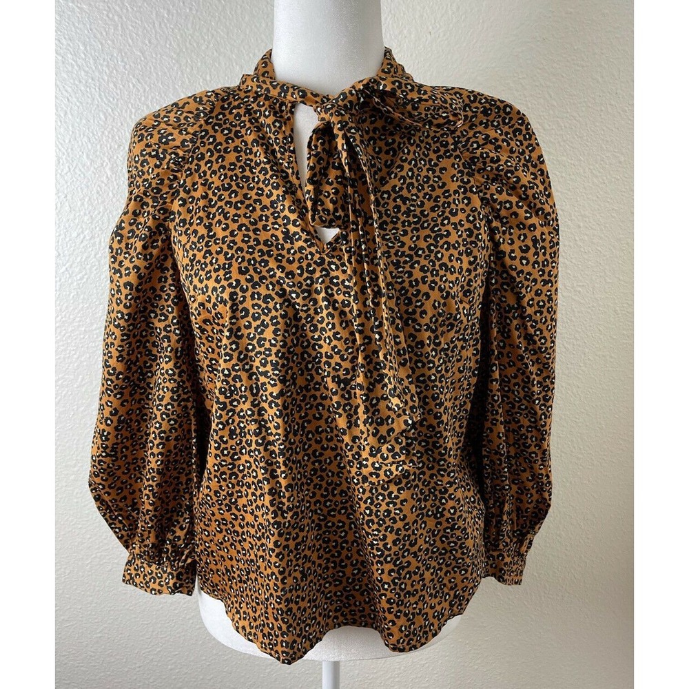 Who What Wear Baby Leopard All Over Print Bow Tie Neckline Blouse Women's XS‎